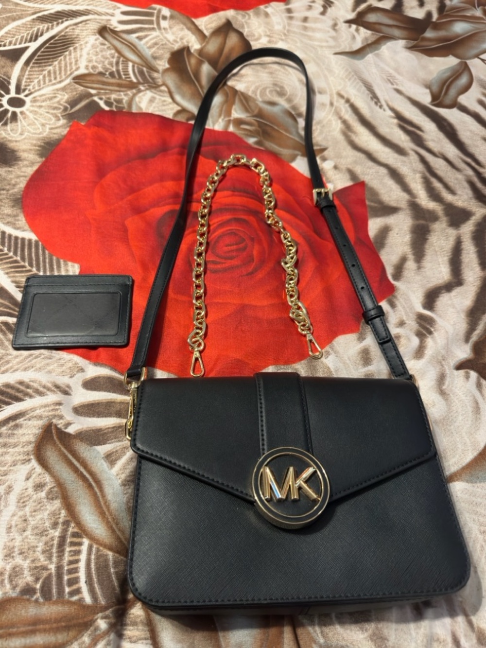 Michael Kors Black Crossbody Bag with Gold MK Accent and Chain